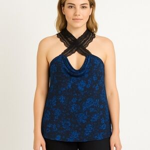 Free People Women's S M Blue Black Floral Lace Camisole Tank Top